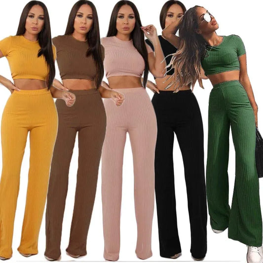 Women's O-Neck Crop Top & Wide Leg Pants Set