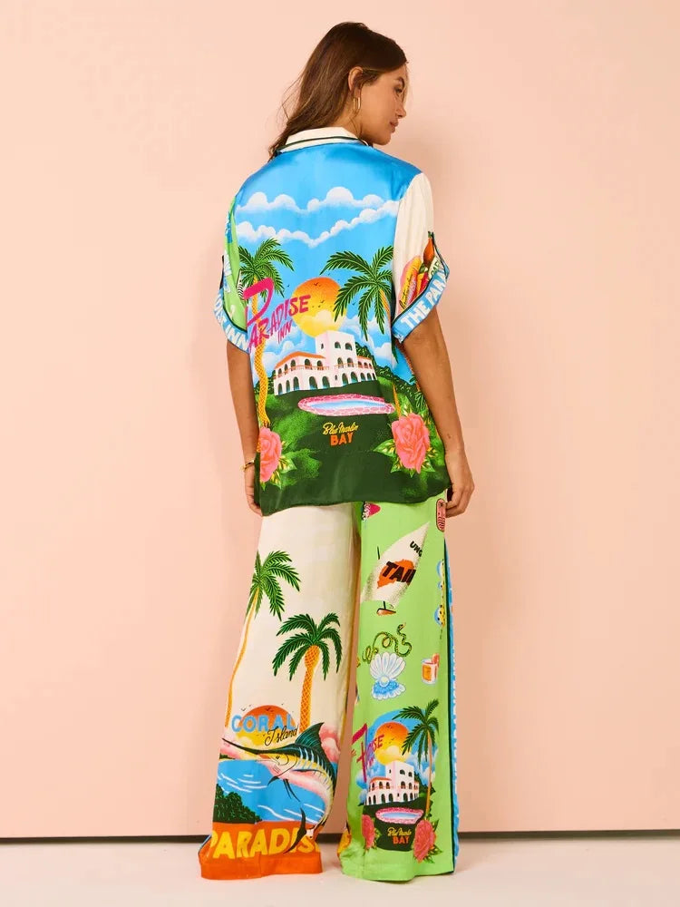 Printed Coconut Trees Top & Loose Pants Set