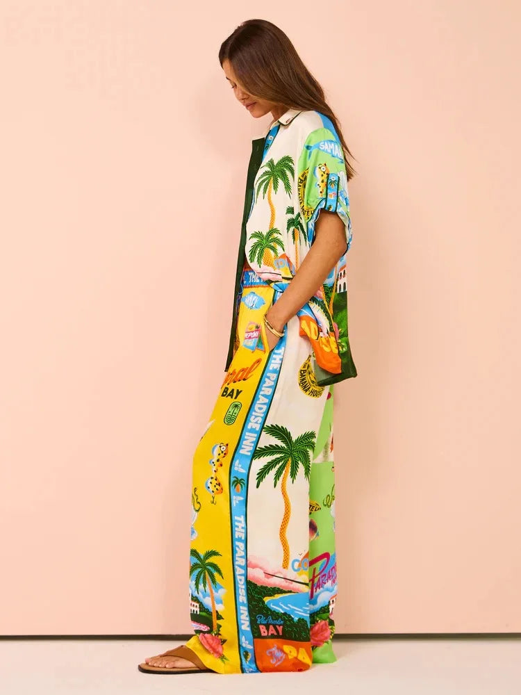 Printed Coconut Trees Top & Loose Pants Set