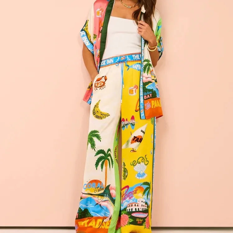 Printed Coconut Trees Top & Loose Pants Set