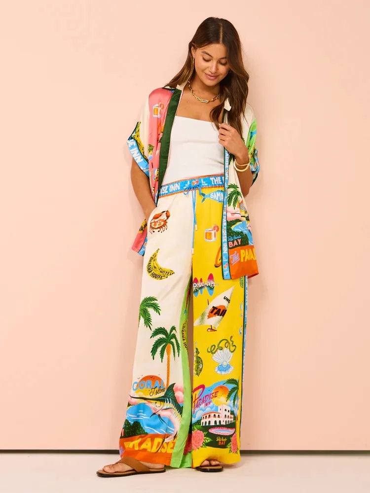 Printed Coconut Trees Top & Loose Pants Set